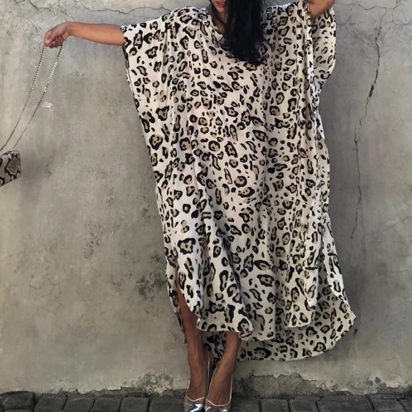 New Leopard Animal Print Bohemian Kaftan Kimono Dress Coverup - Picture 7 of 8